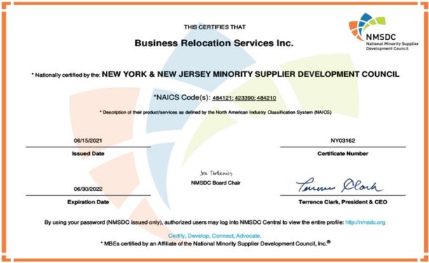 New York and New Jersey Minority Supplier Development Council Certificate Business Relocation Services